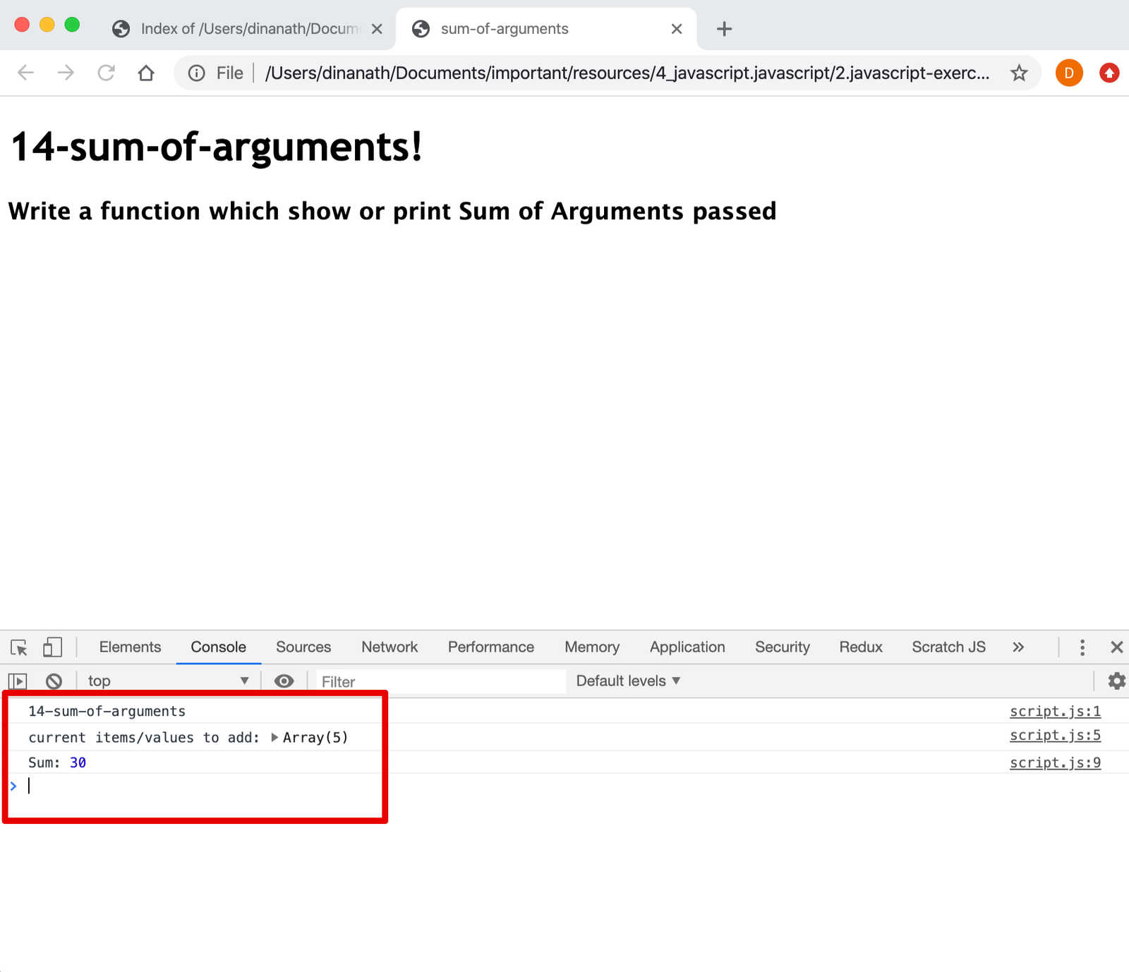 Show or print Sum of Arguments Javascript