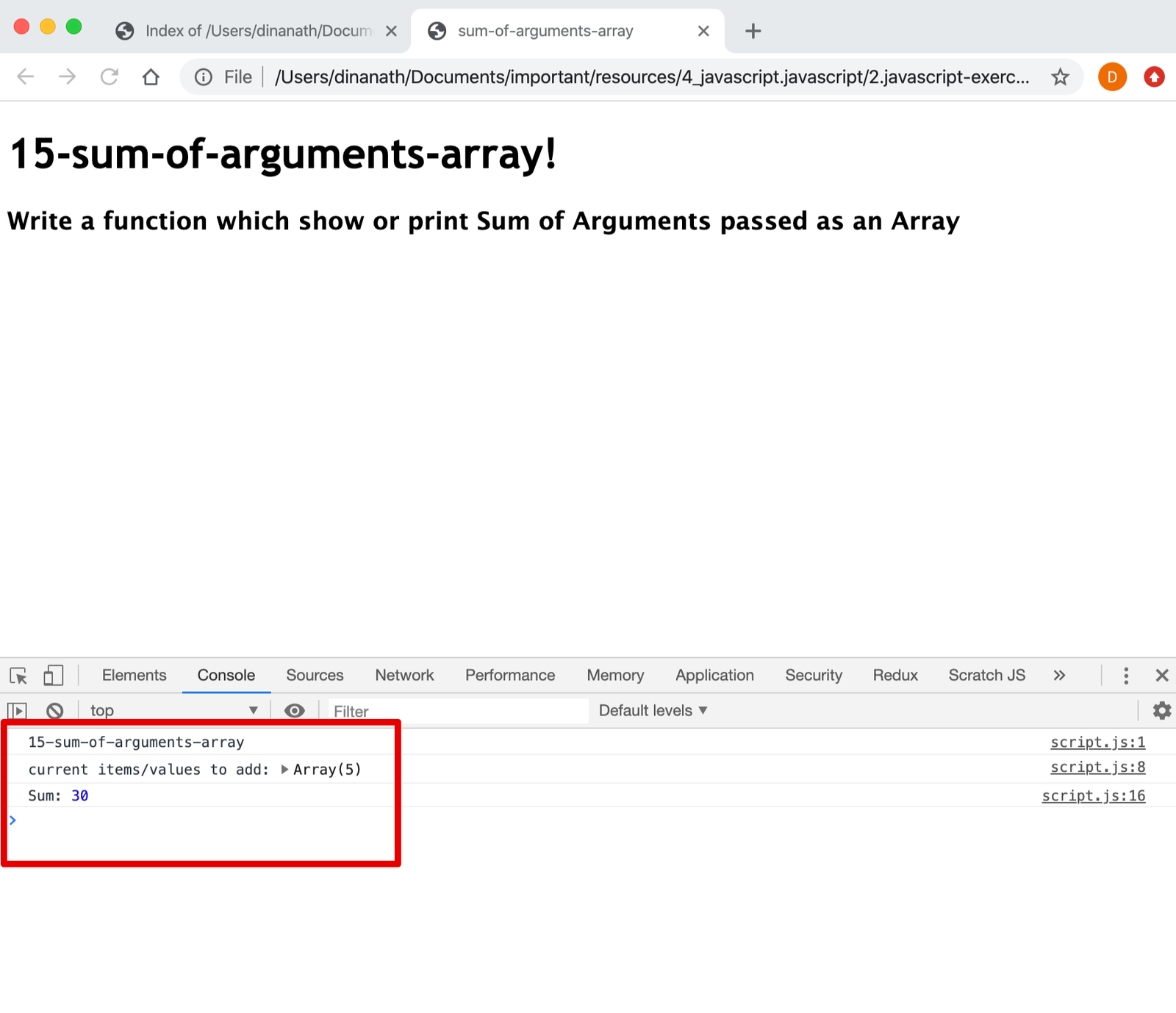 Show or print Sum of Arguments passed as an Array in Javascript