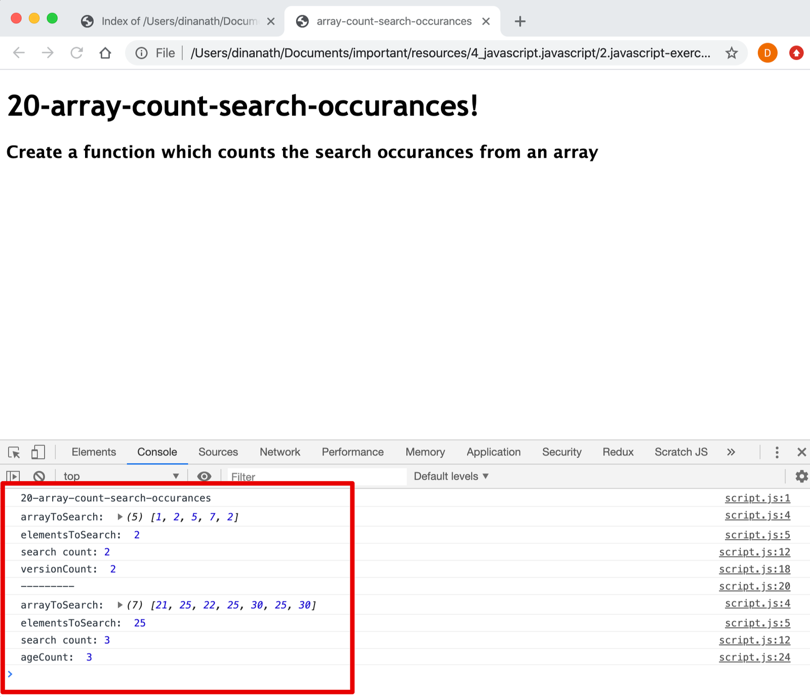 Counts the search occurances from an array in javascript