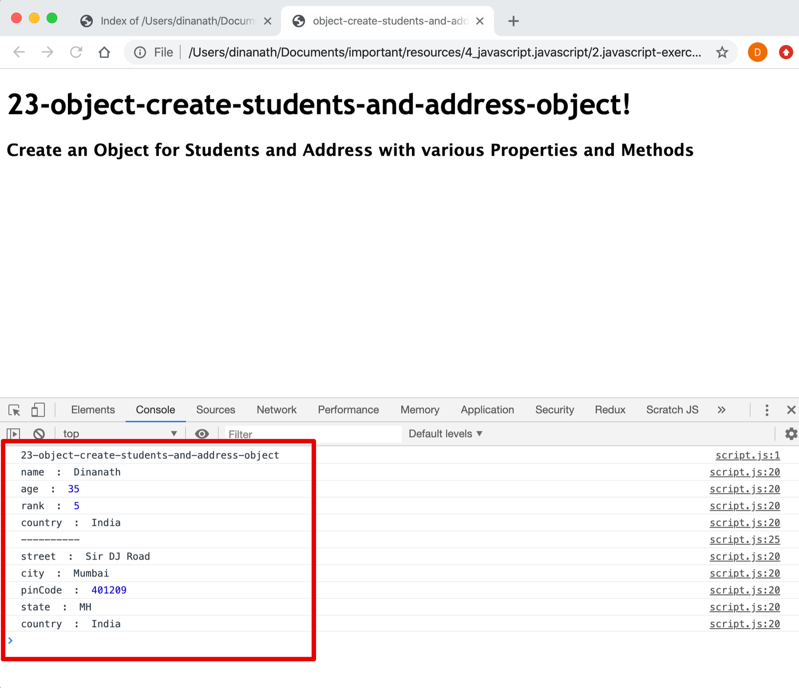 Object Create Students and Address Object In Javascript